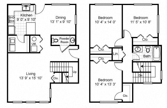 3 Bedroom 1 Bat Townhouse 2D Floorplan-Tremont Pointe Apartments, Cleveland, OH 44113