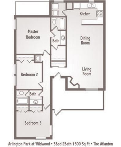3 Bedroom and 2 Bath Floor Plan at Arlington Park at Wildwood, Georgia, 30067