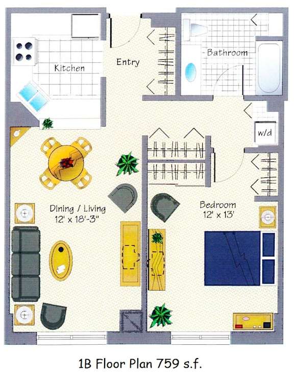 floorplan of a 1-bedroom 1-bathroom unit