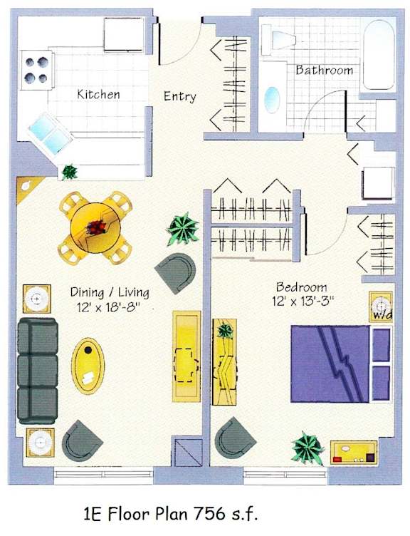 floorplan of a 1-bedroom 1-bathroom unit