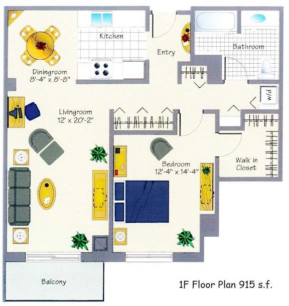 floorplan of a 1-bedroom 1-bathroom unit