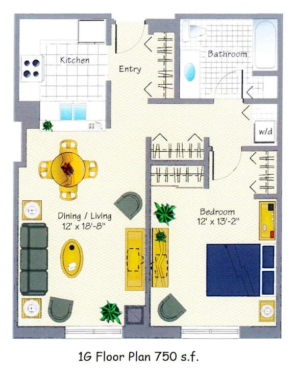 floor plan of a 1 bedroom 1 bathroom unit
