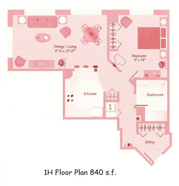 floorplan of a 1-bedroom 1-bathroom unit