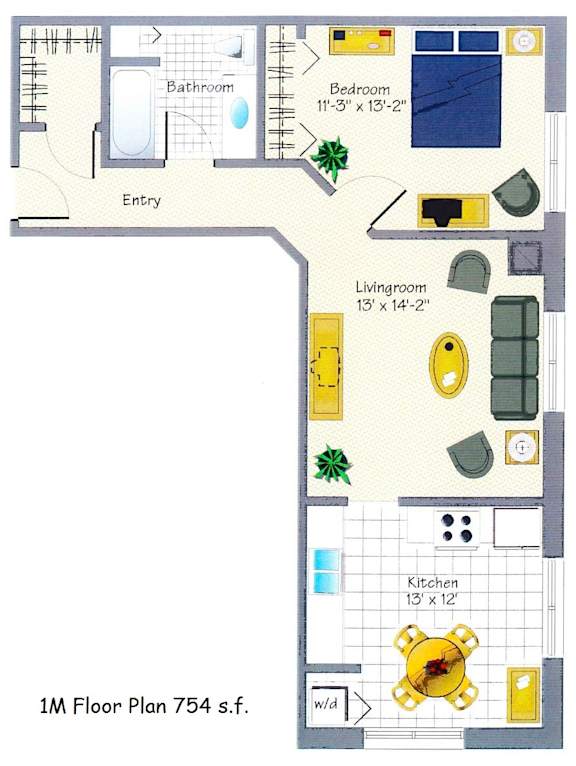 floorplan of a 1-bedroom 1-bathroom unit