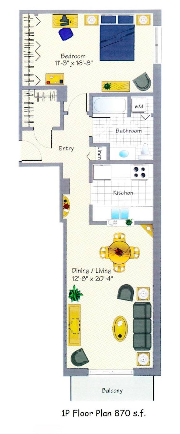 floorplan of a 1-bedroom 1-bathroom unit