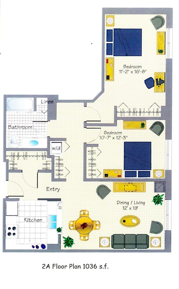 floorplan of a 2-bedroom 1-bathroom unit