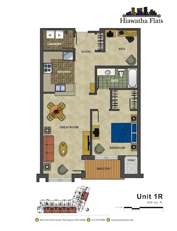 2d floorplan of a 1 bedroom, 1 bathroom unit