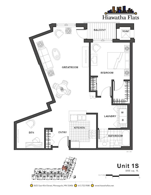 2d floorplan of a 1 bedroom, 1 bathroom unit