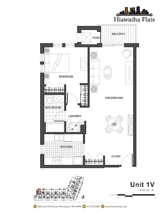 2d floorplan of a 1 bedroom, 1 bathroom unit