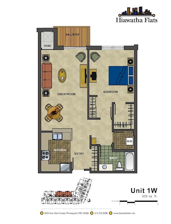 2d floorplan of a 1 bedroom, 1 bathroom unit
