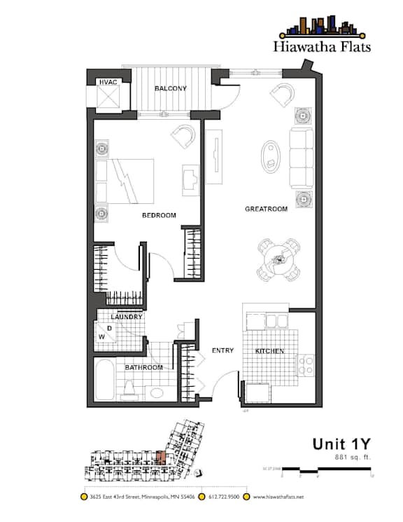 2d floorplan of a 1 bedroom, 1 bathroom unit