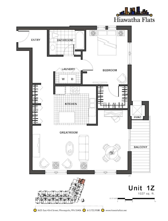 2d floorplan of a 1 bedroom, 1 bathroom unit