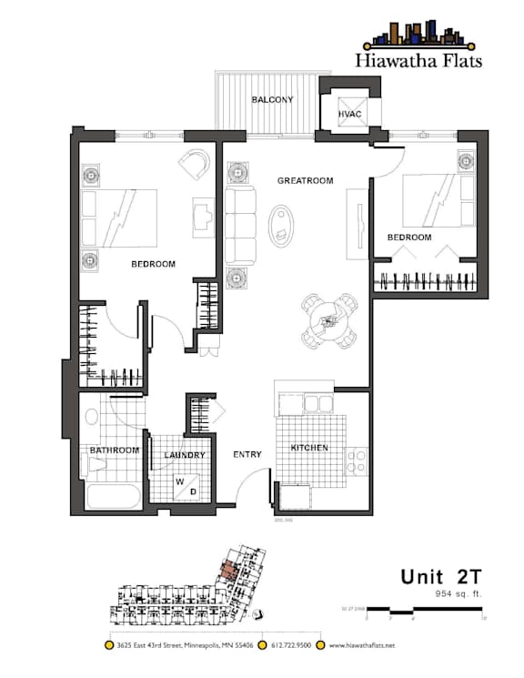 2d floorplan of a 2 bedroom, 1 bathroom unit