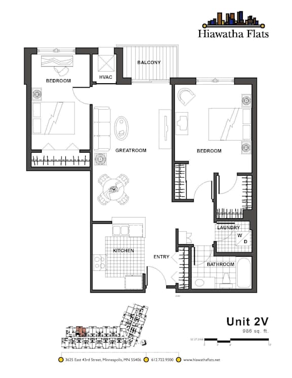 2d floorplan of a 2 bedroom, 1 bathroom unit