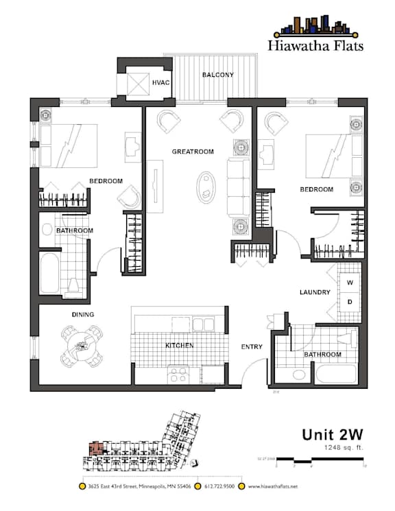 2d floorplan of a 2 bedroom, 2 bathroom unit