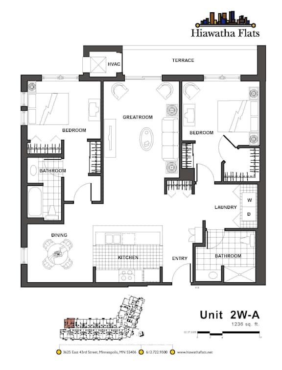 2d floorplan of a 2 bedroom, 2 bathroom unit