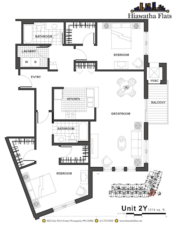 2d floorplan of a 2 bedroom, 2 bathroom unit