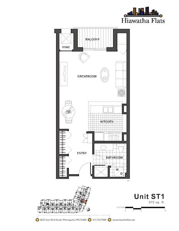 2d floorplan of a Studio apartment with one bathroom.