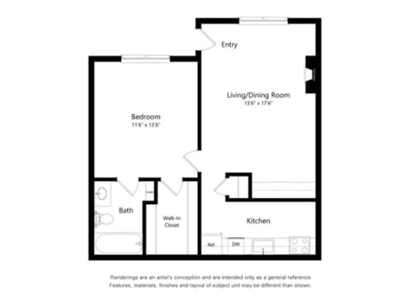 1 Bed 1 Bath Floor Plan | 603 Sq. Ft. at Chevy Chase, Austin, 78752