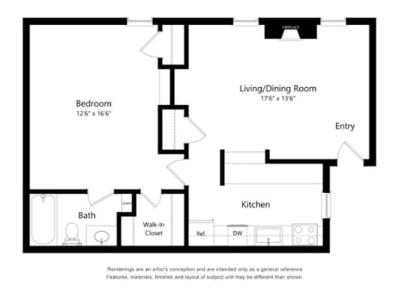 1 Bed 1 Bath Floor Plan | 665 Sq. Ft. at Chevy Chase, Austin, Texas