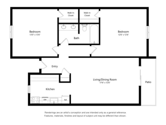 2 Bed 1 Bath Floor Plan | 850 Sq. Ft. 941 Sq. Ft. at Chevy Chase, Texas, 78752
