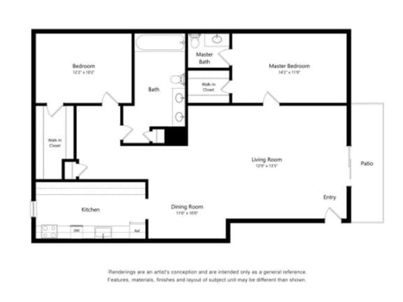 2 Bed 2 Bath Floor Plan | 1,000 Sq. Ft. at Chevy Chase, Austin, TX, 78752
