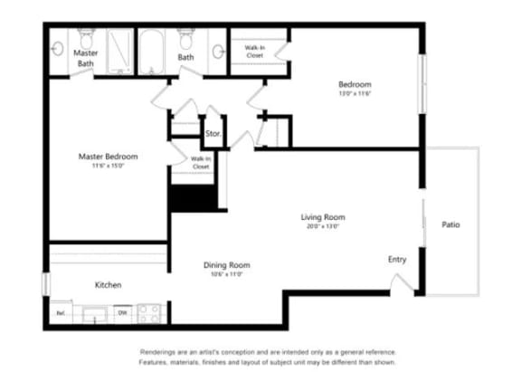 2 Bed 2 Bath Floor Plan | 1,260 Sq. Ft. at Chevy Chase, Austin, Texas