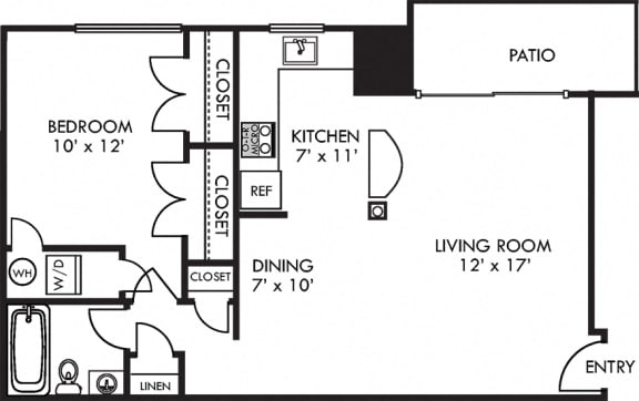 1 bedroom 1 bath floorplan entry opens to living room. L shaped kitchen with island overlooking living room. bedroom with 2 closets, stackable washer dryer in bedroom. Patio or balcony.