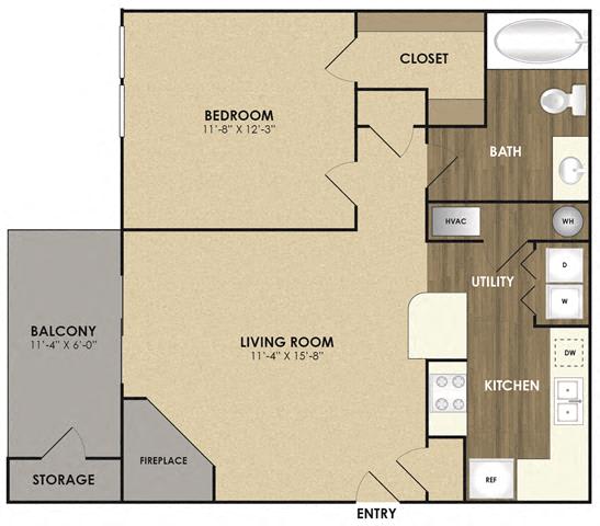 1 Bedroom 1 Bath Floor Plan at Riverset Apartments in Mud Island, Memphis, TN