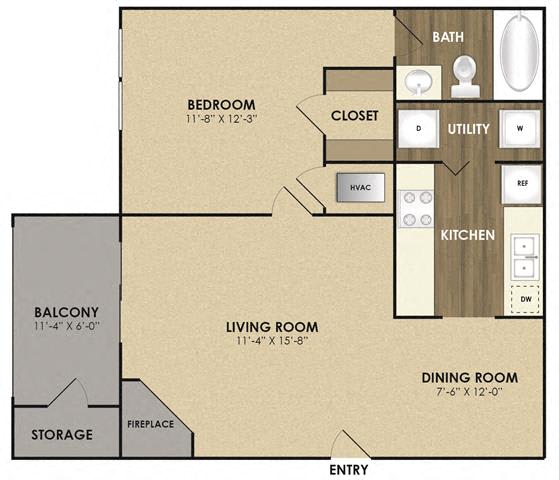 One Bedroom One Bath Floor Plan at Riverset Apartments in Mud Island, Memphis, TN