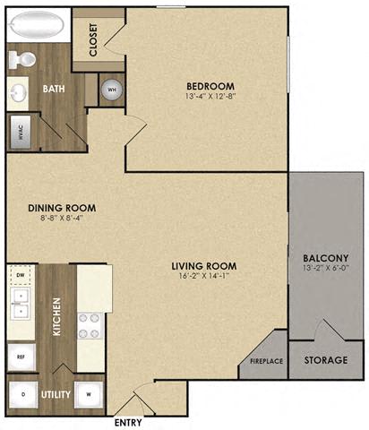 A4 - Willow 1 Bed 1 Bath Floor Plan at Riverset Apartments in Mud Island, Memphis, TN