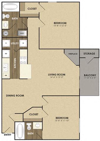Floor Plan  2 Bedroom 2 Bathroom Floor Plan at Riverset Apartments in Mud Island, Memphis, TN