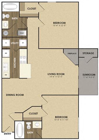 Two Bed Two Bath Floor Plan at Riverset Apartments in Mud Island, Memphis, TN