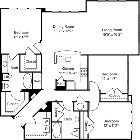 3 bedroom 2 bathroom floor plan A at Arlo Buffalo Heights, Houston, Texas