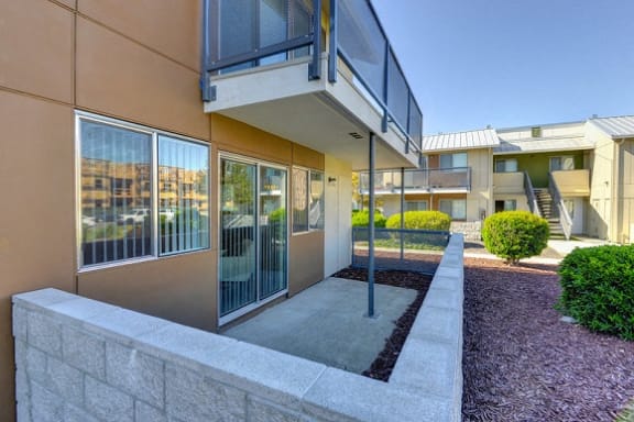 Private Balcony Patio WITH Wood Chip Floor, Bushes at Addison Ranch Apartments, Petaluma, California