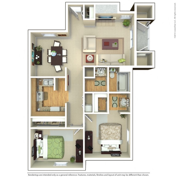 2 Bedroom and 1.25 Bathroom Floor Plan at Rush River Apartments, Sacramento, CA, 95831