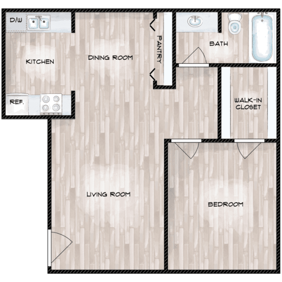 1 Bedroom 1 Bath Floor Plan at Boston Woods Apartments, San Antonio, TX