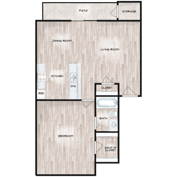 1 Bedroom Floor Plan at Boston Woods Apartments, San Antonio, Texas