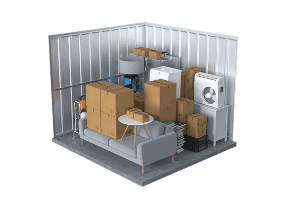 A 3D rendered image of a storage room with various items.