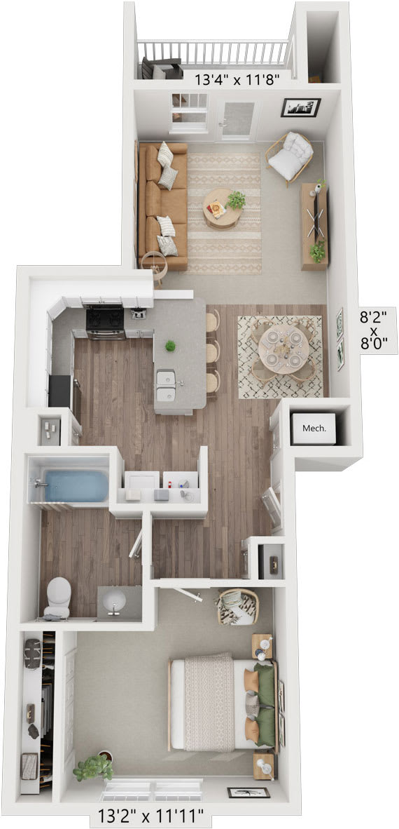 One bedroom 3D floor plan at Eagle Ridge Apartment Homes, Traverse City, MI 49685