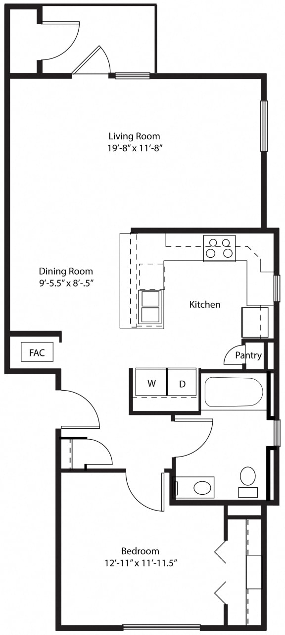 One bedroom end 2D floor plan at Eagle Ridge Apartment Homes, Traverse City, MI