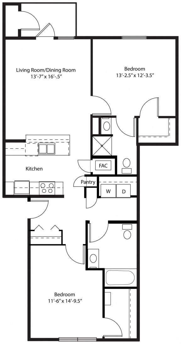 Two bedroom 2D floor plan at Eagle Ridge Apartment Homes,  Michigan 49685