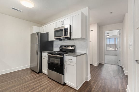 Kitchen with stainless steel appliances at Eagle Ridge Apartment Homes, Traverse City, Michigan