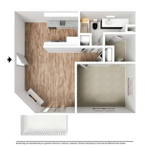 A 3D rendering of the 1 bedroom 1 bathroom floor plan