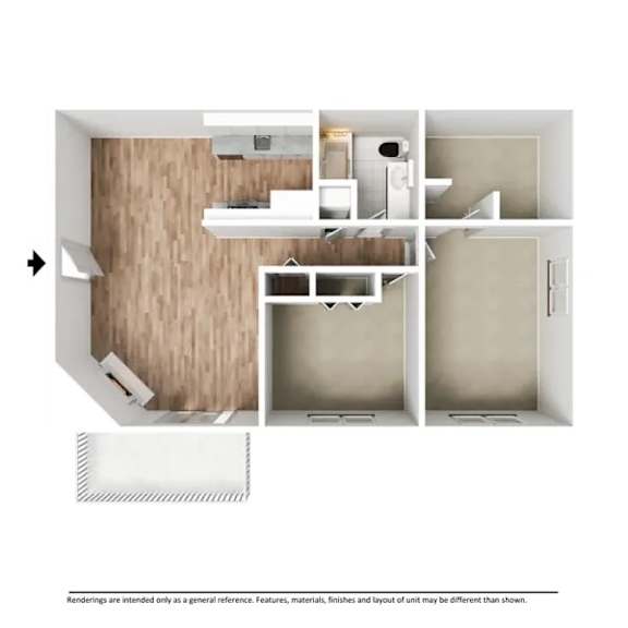 A 3D rendering of the 2 bedroom 1 bathroom floor plan