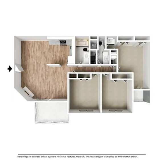 A 3D rendering of the 3 bedroom 2 bathroom floor plan