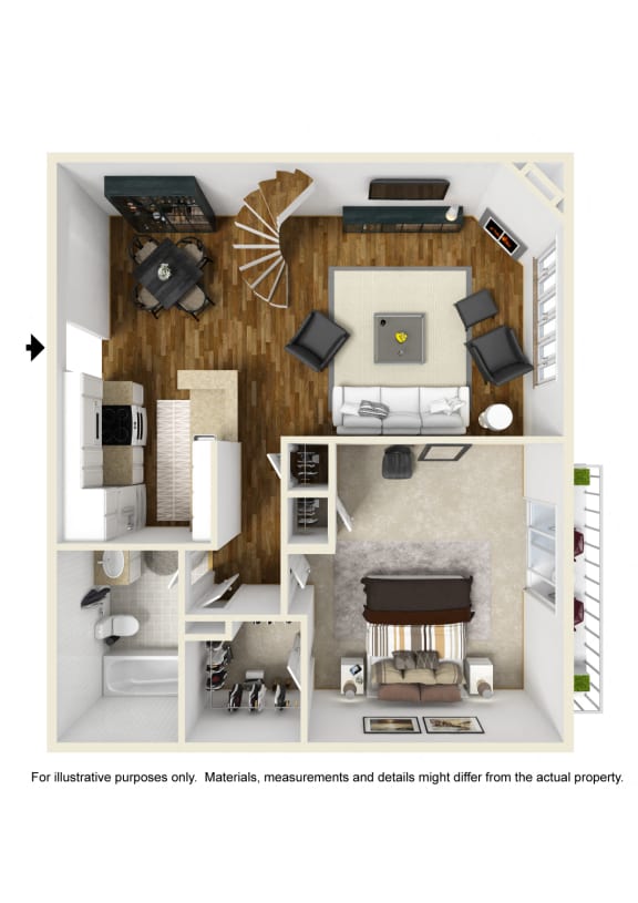 One Bedroom Floor Plan at Toluca Lofts, Toluca Lake, CA