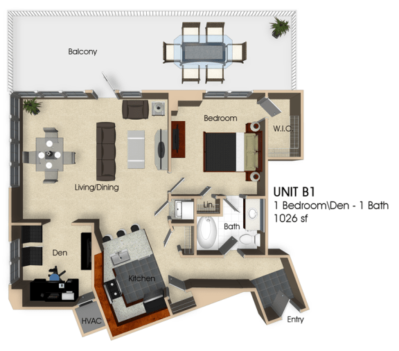 Floor Plan  (B1) 1 Bedroom - 1 Bathroom with Den Floor plan at Aurora, North Bethesda, 20852