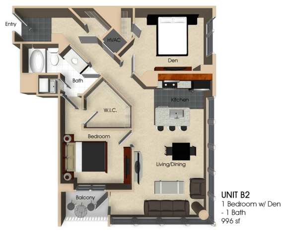 Floor Plan  (B2) 1 Bedroom - 1 Bathroom with Den Floor plan Cat Aurora, North Bethesda, Maryland