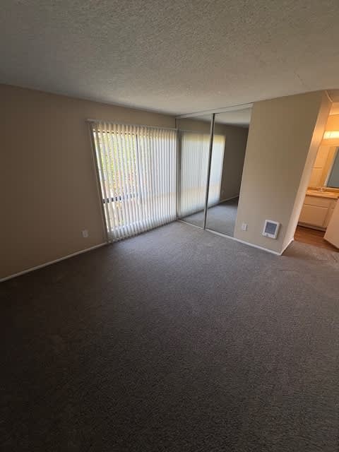 A room with a carpeted floor and sliding glass doors.